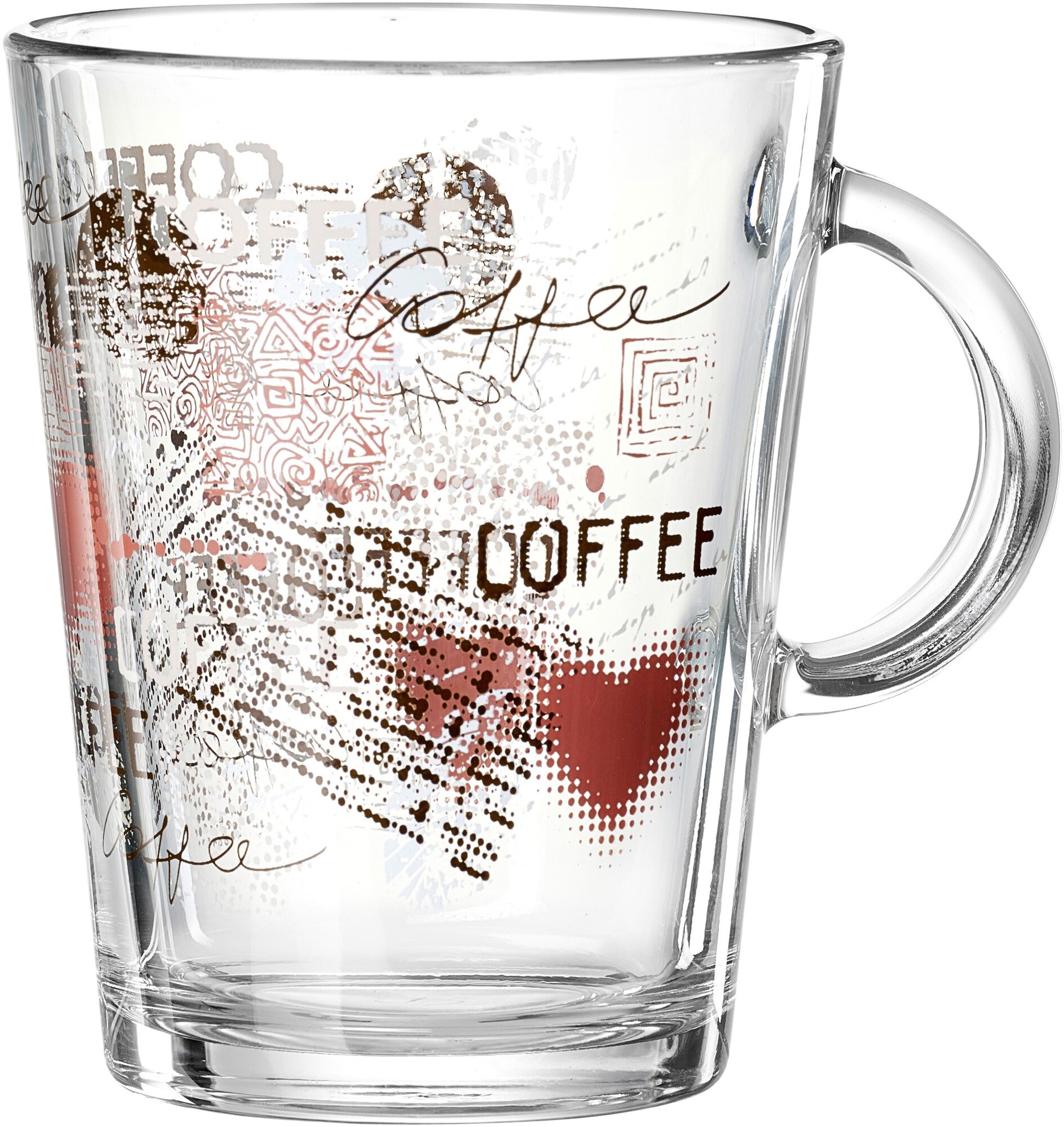 Transparente Kaffeetasse aus Glas mit buntem Herz- und Coffe