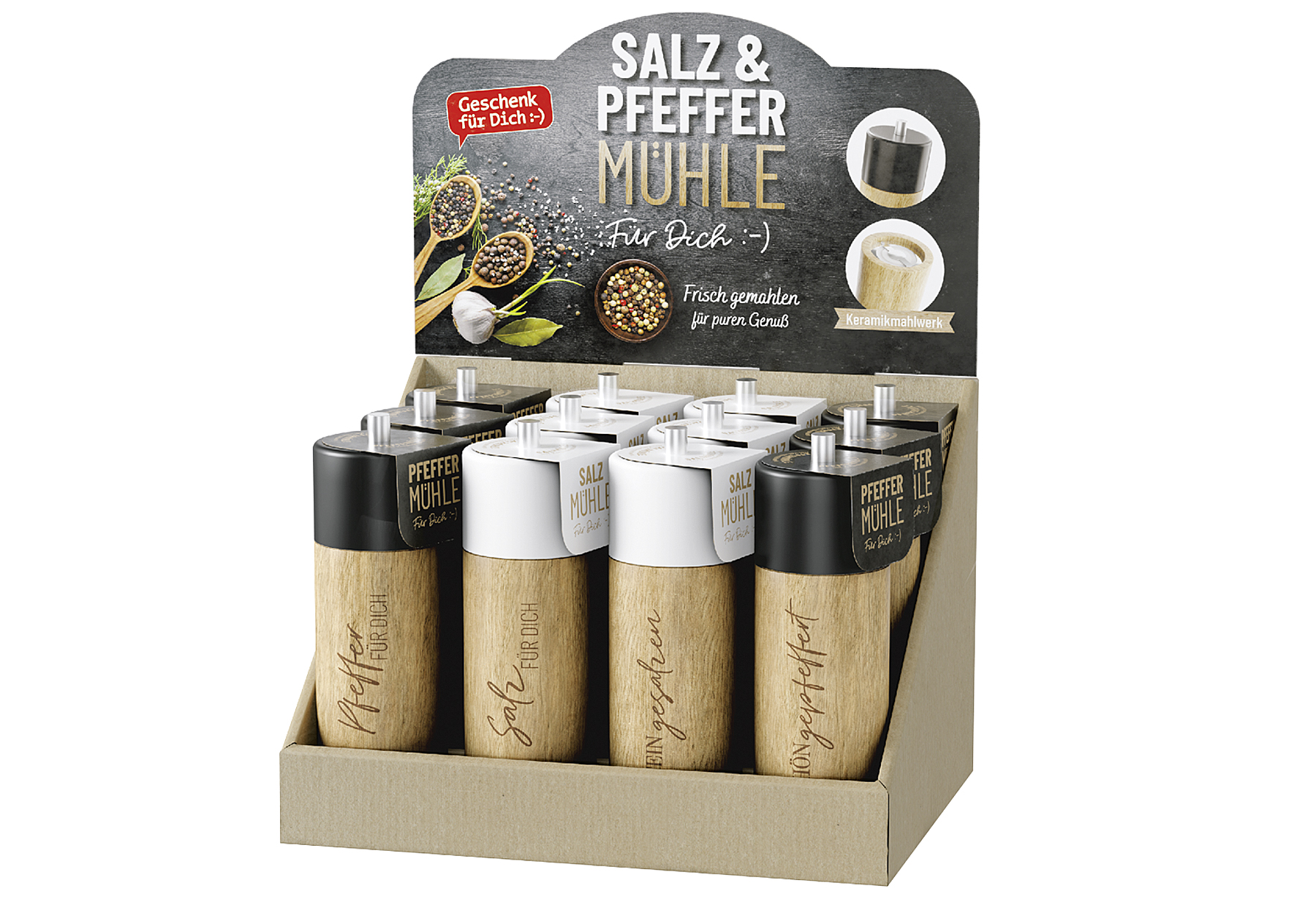 Display Salz und Pfeffer Mühlen 12 Stück