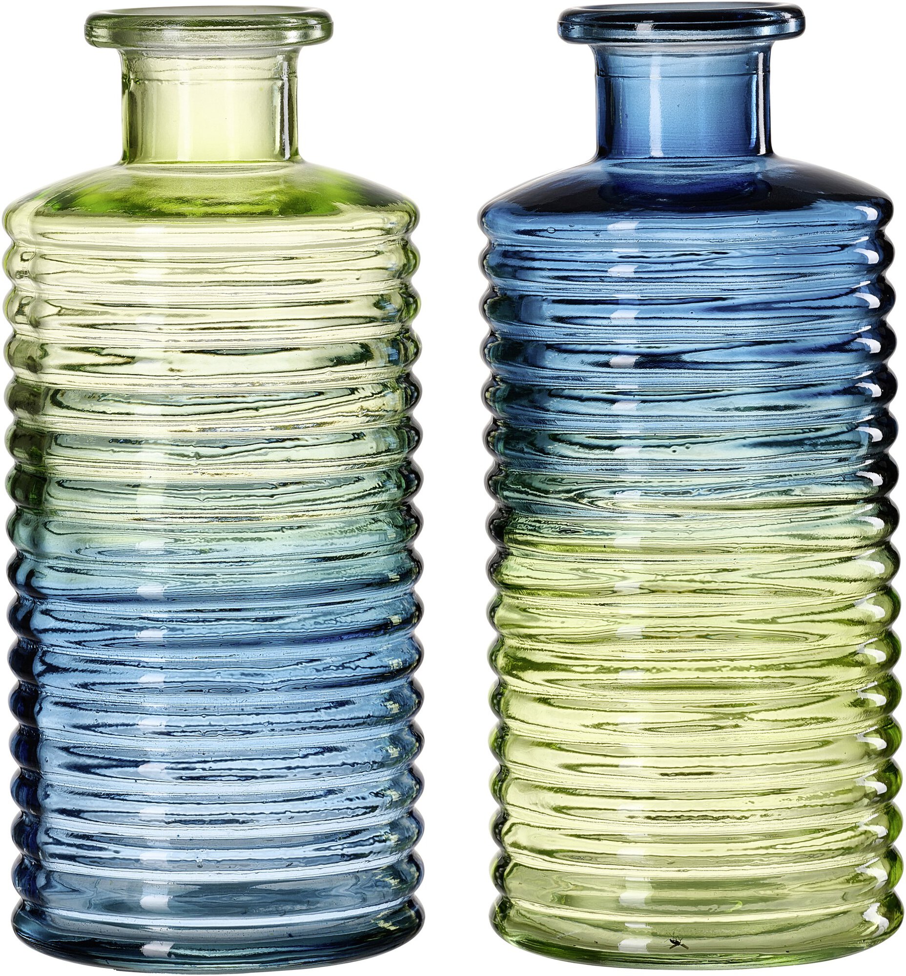 Bunte Glasvasen mit gerilltem Muster in Blau und Grün