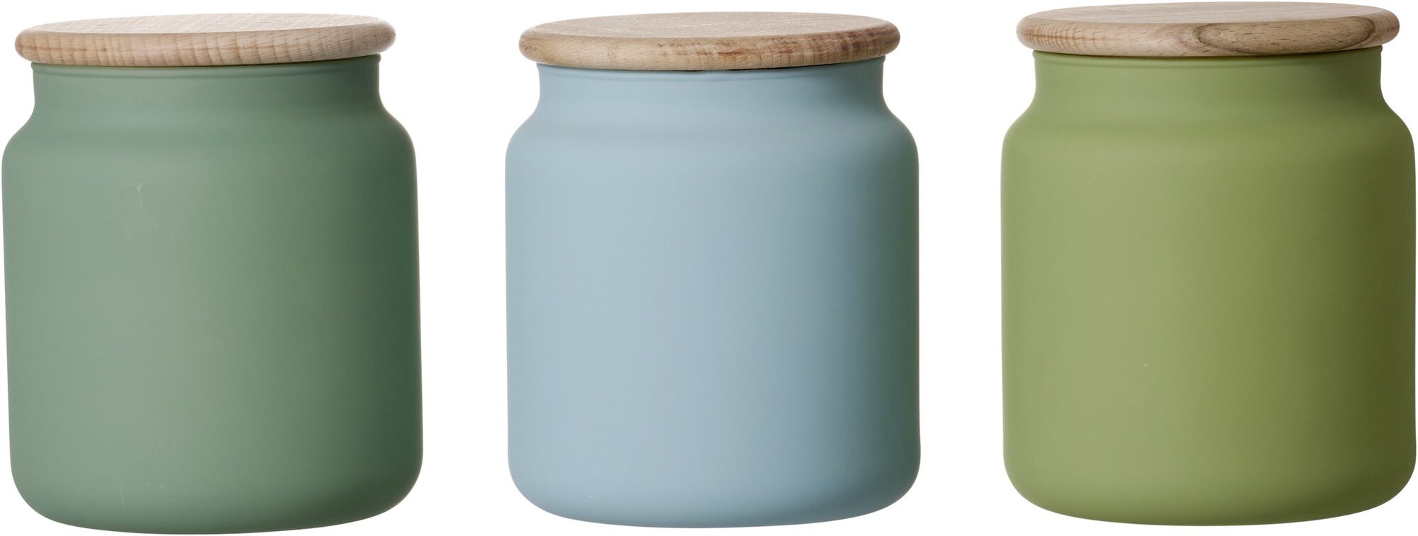 Drei Vorratsgläser mit Holzdeckel in grünen und blauen Farbt