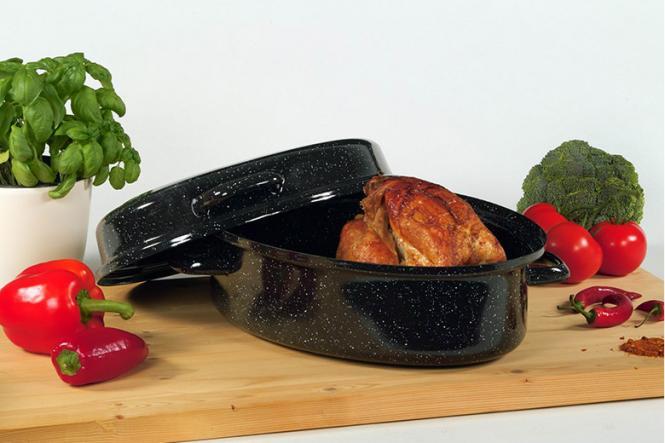 Gänsebräter oval 4,5 l Ø34cm emailliert schwarz/weiß gesprenkelt