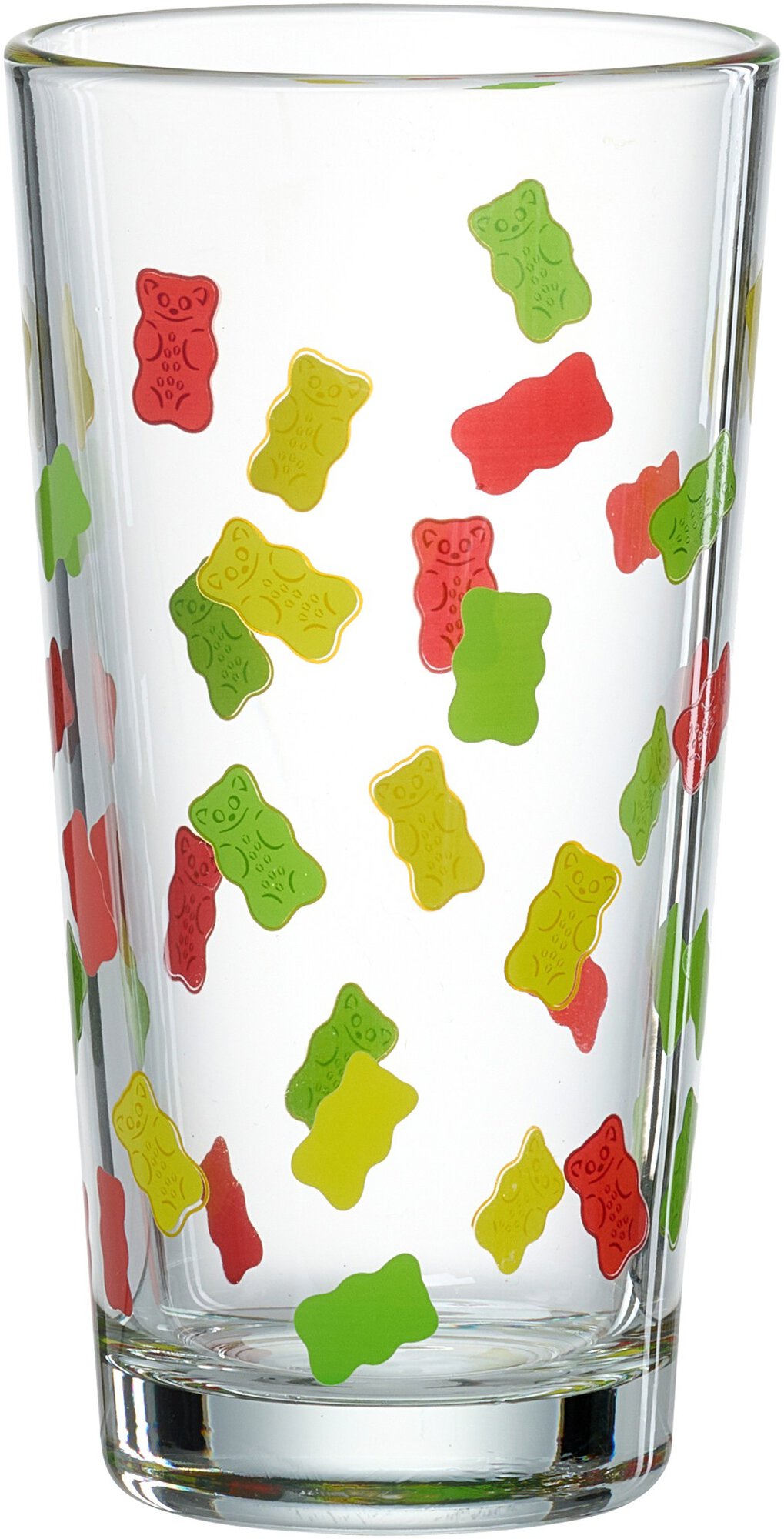 Klares Trinkglas mit roten, gelben und grünen Gummibärchenau