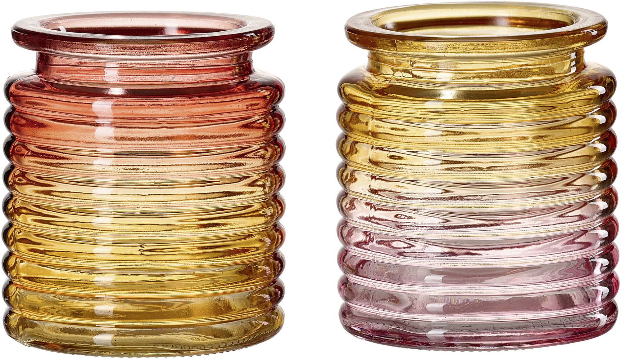 Zwei dekorative Glasvasen mit gerillter Oberfläche in Gelb u