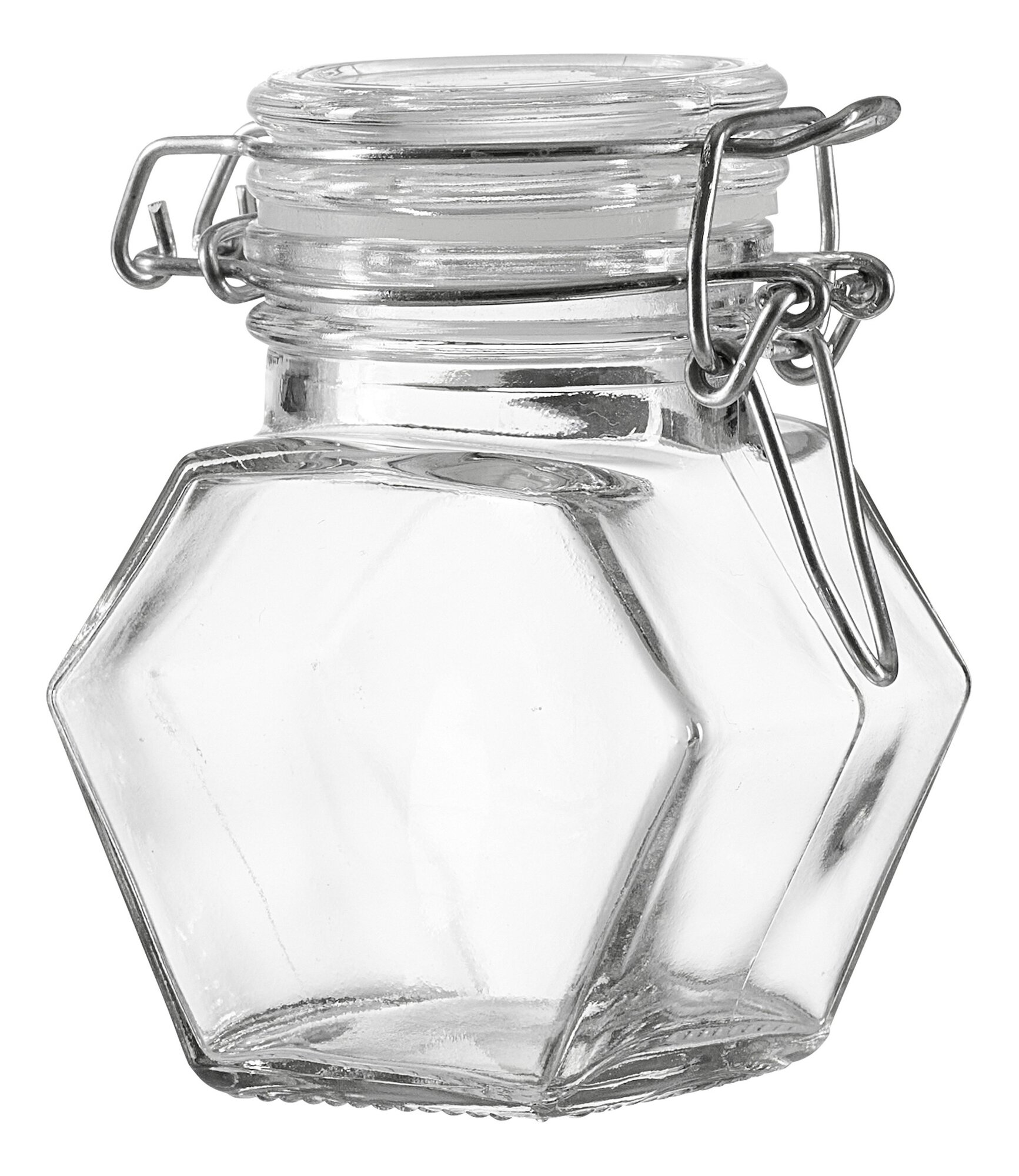 Sechseckiges Vorratsglas aus klarem Glas mit Bügelverschluss