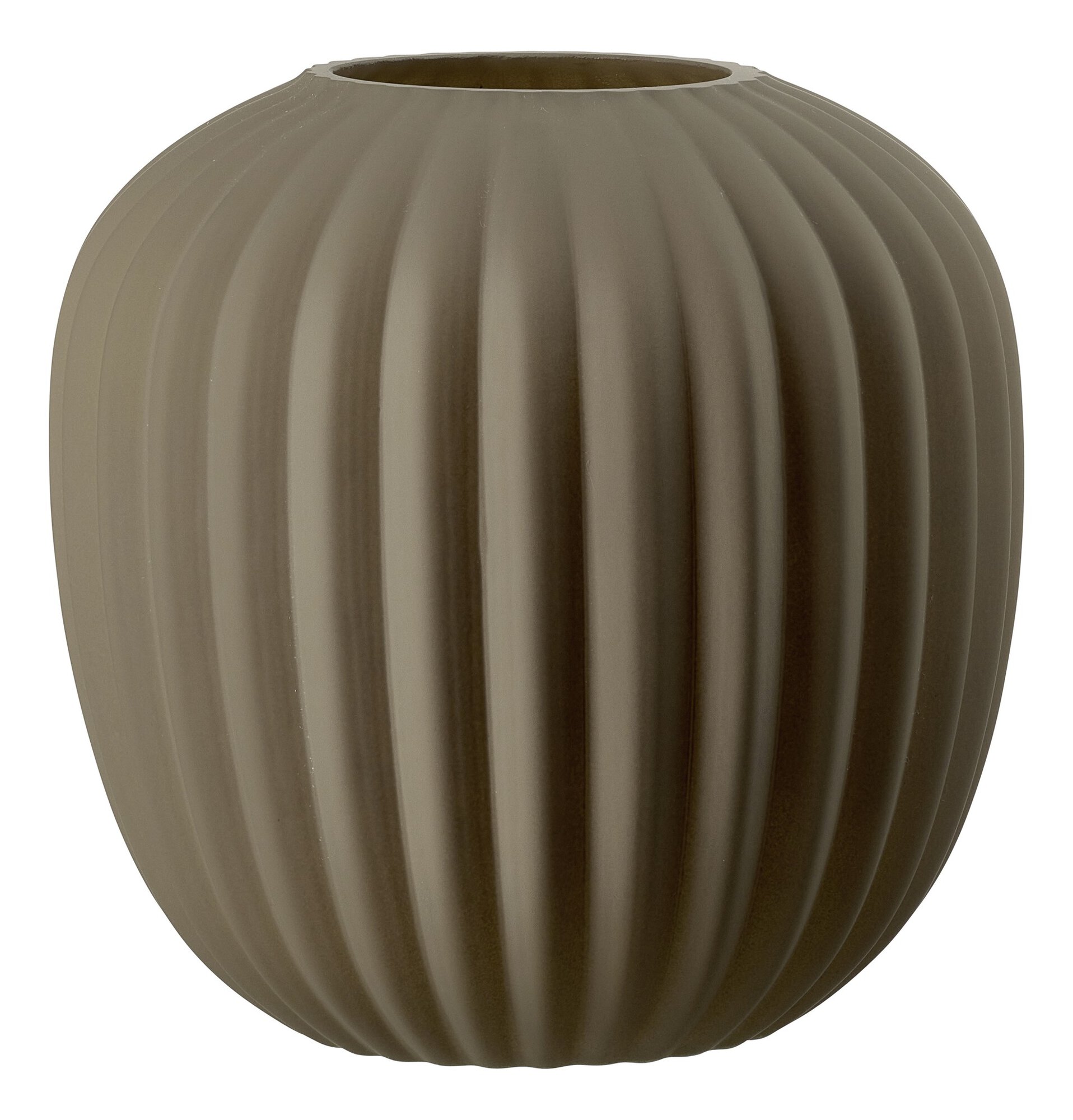 Runde graue Vase mit gerillter Außenseite und mattem Finish