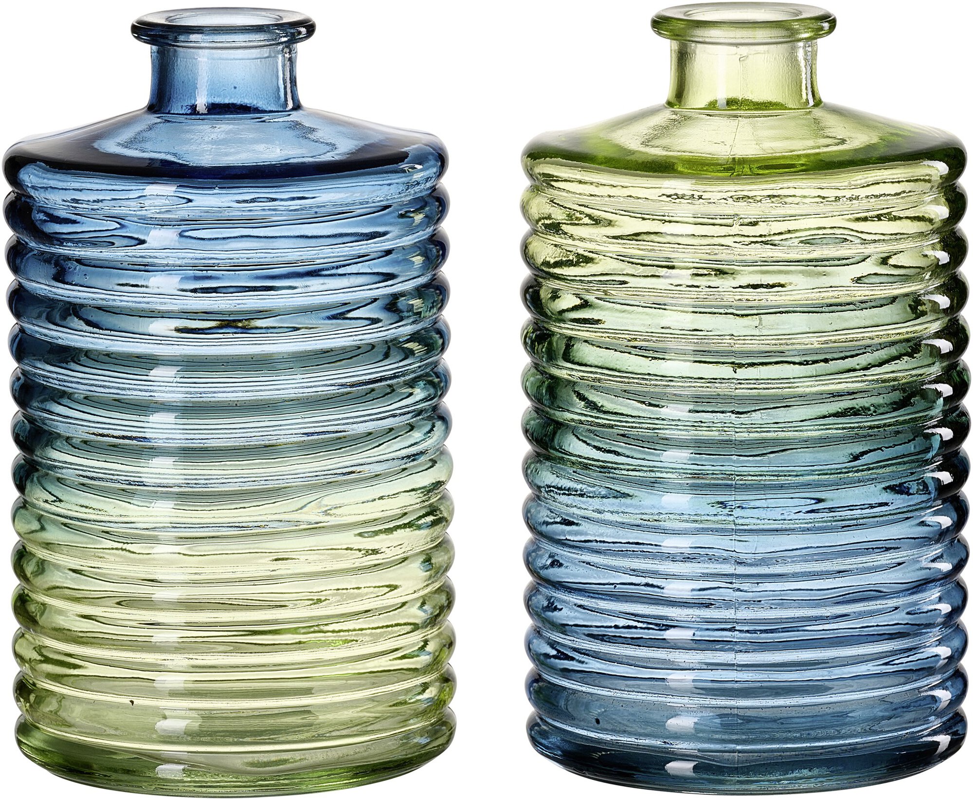 Bunte Glasvase mit gerillter Oberfläche in Blau und Grün