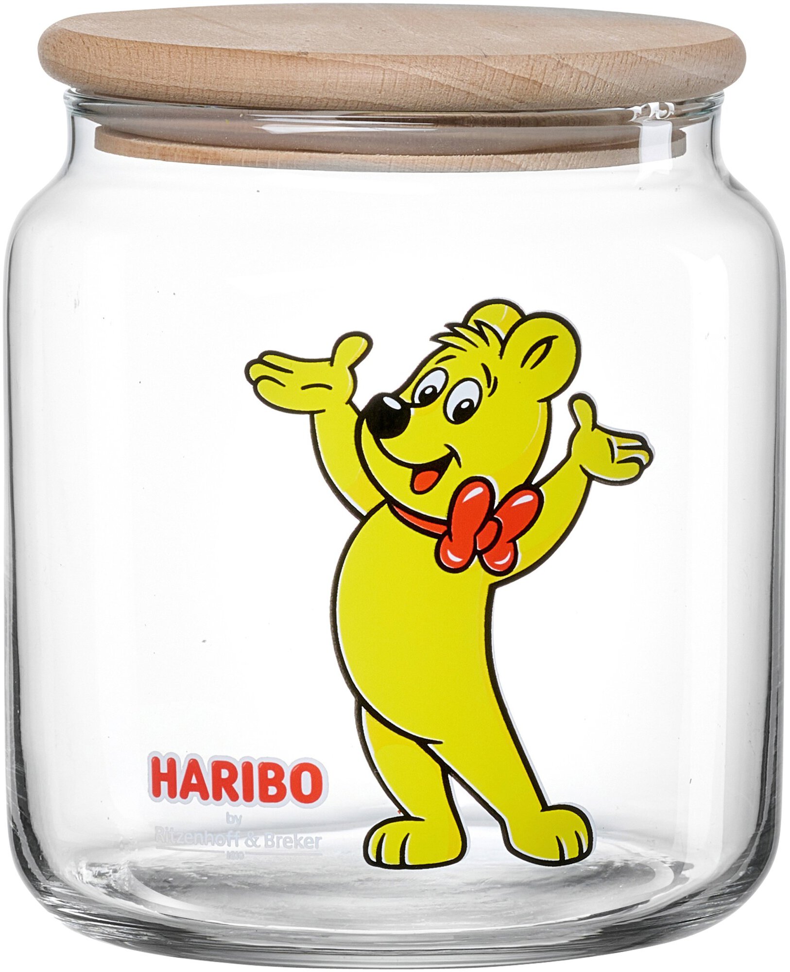 Klares HARIBO Glas mit Holzdeckel und gelbem Bären