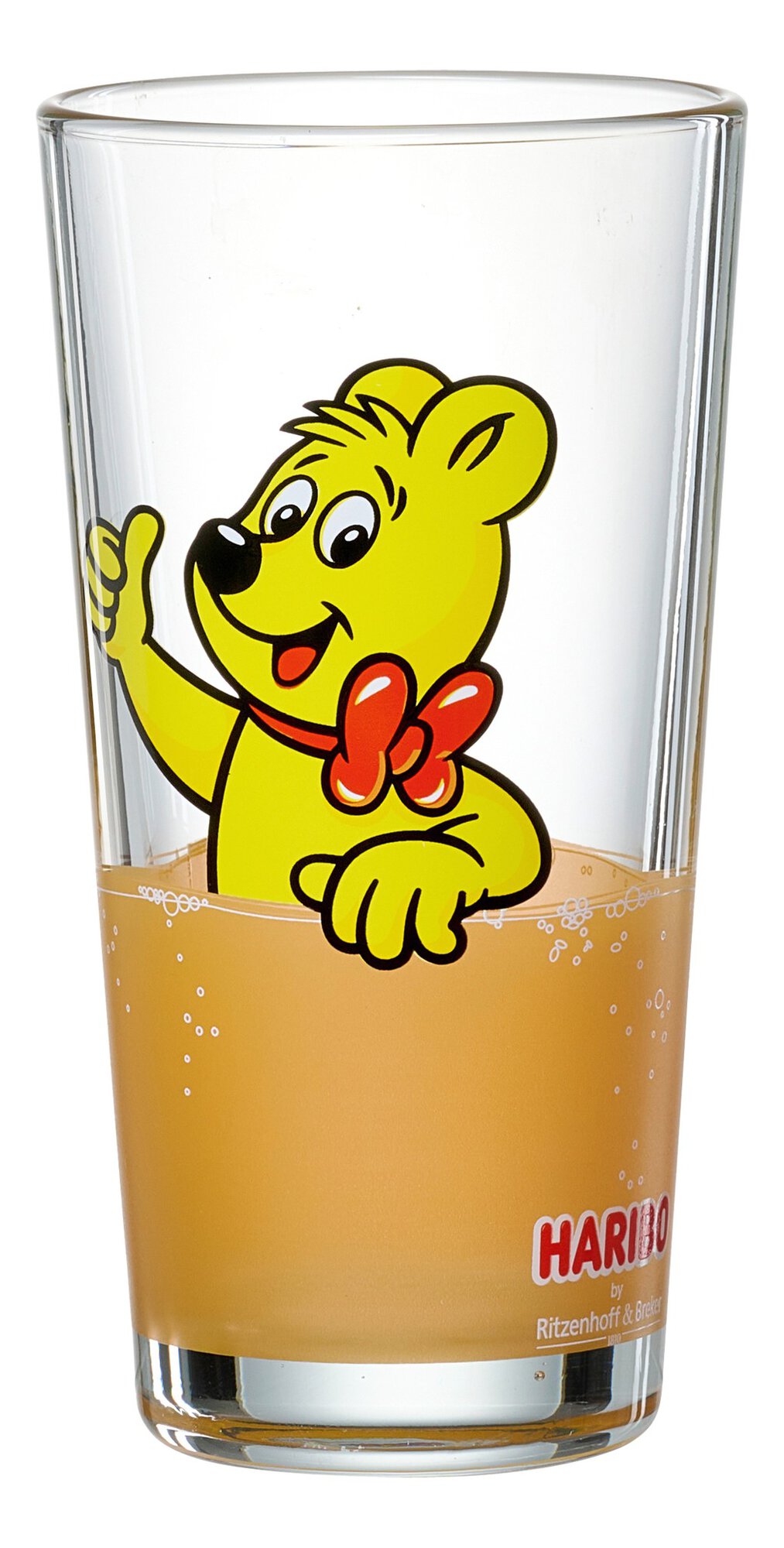 Glas mit fröhlichem Haribo Bären und gelbem Trinkinhalt
