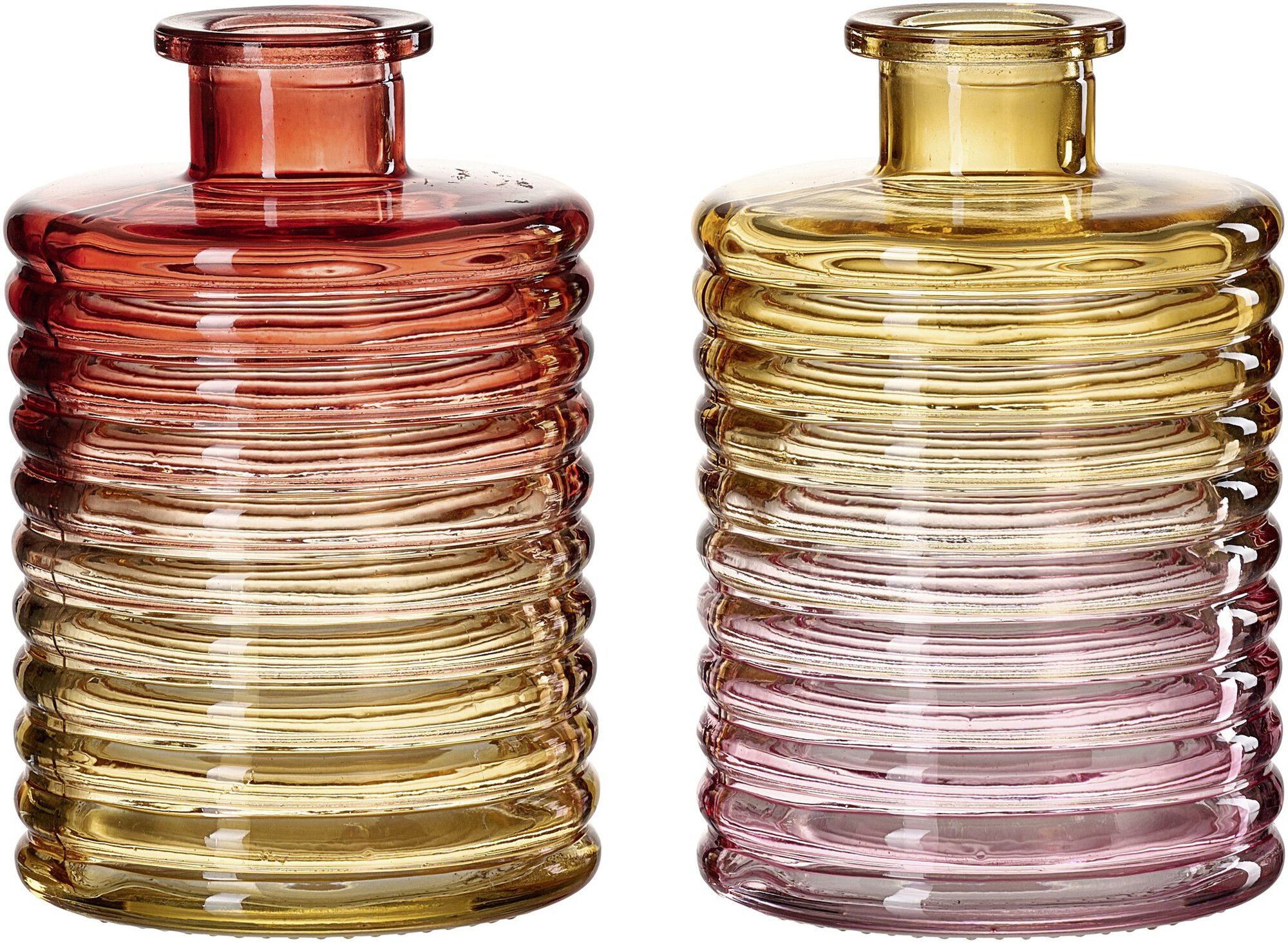 Zwei bunte Glasvasen mit gerillter Oberfläche in Gelb und Ro