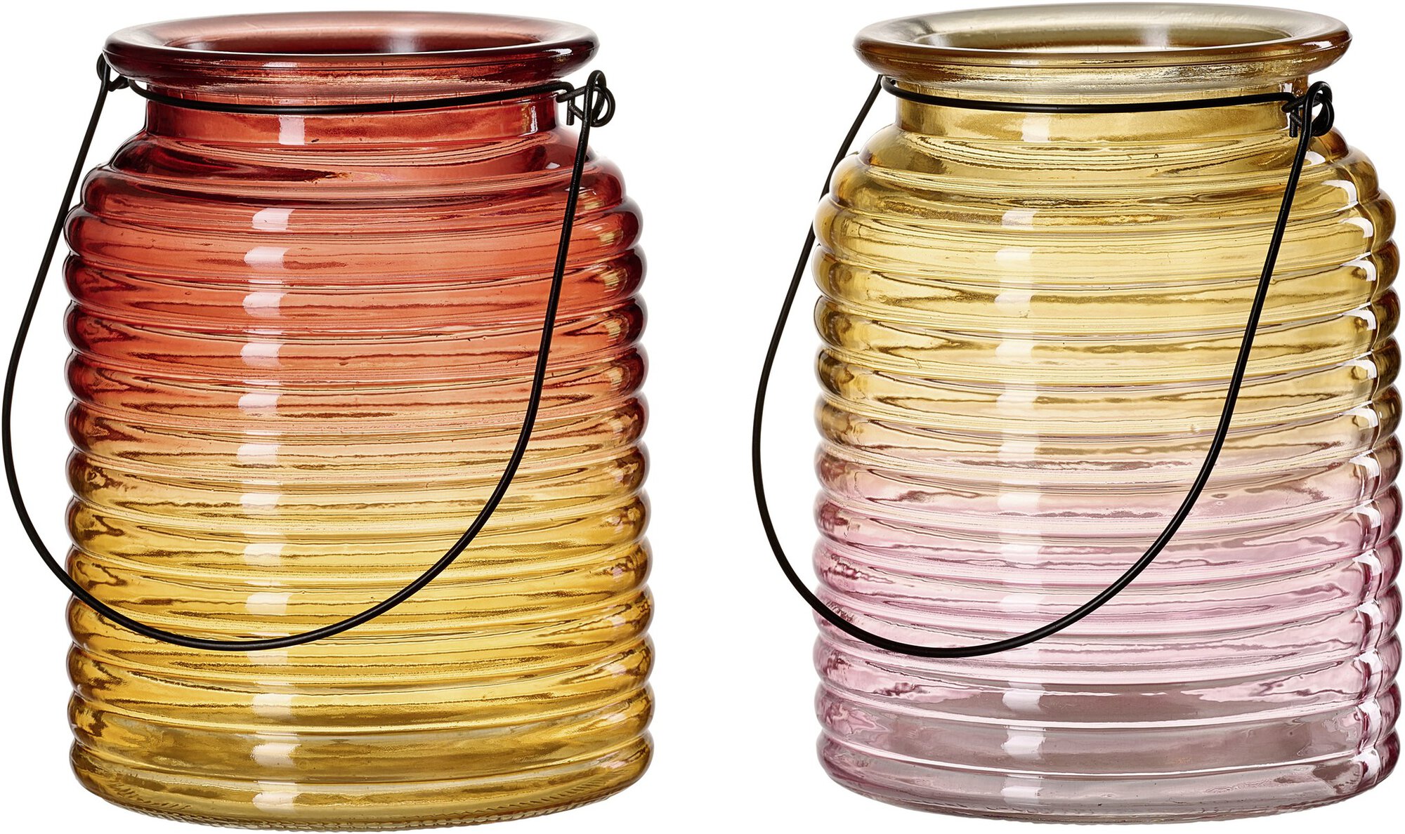 Bunte Glaslaternen mit Metallgriff in Gelb und Rosa